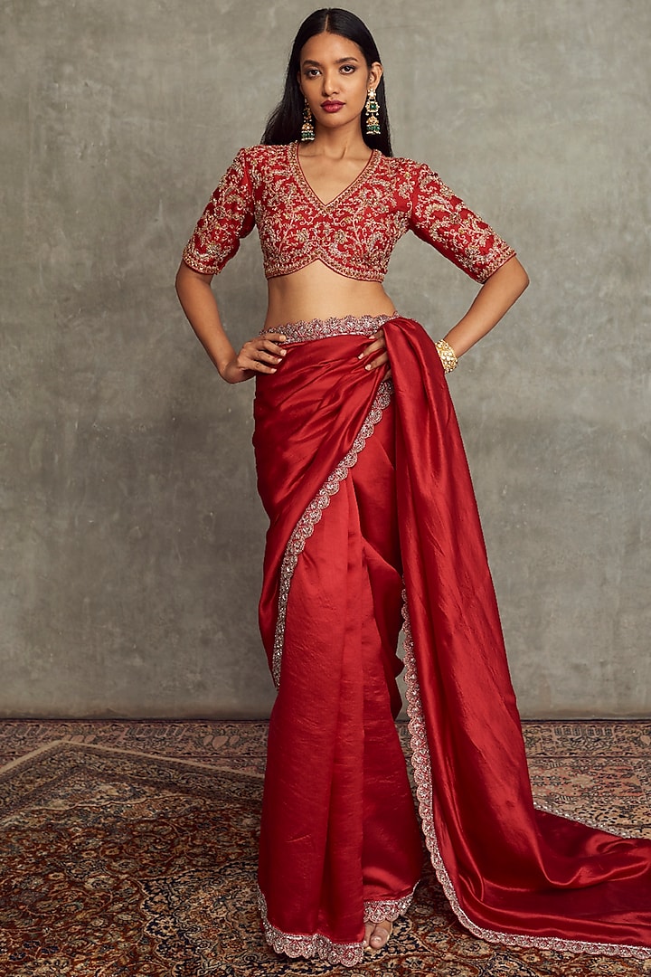 Red Embroidered Saree Set by Jayanti Reddy