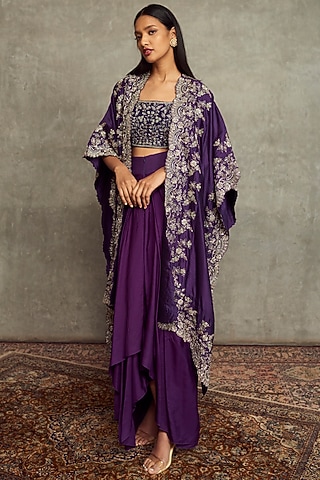 Purple Embroidered Cape Set by Jayanti Reddy