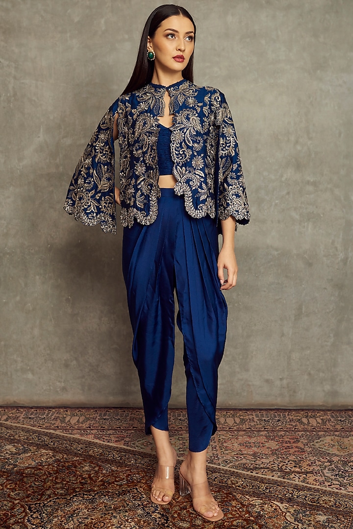 Cobalt Blue Embroidered Cape Set by Jayanti Reddy