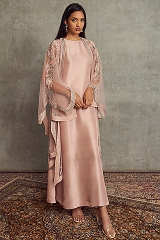 Peach Net Zardosi Embroidered Jacket Dress by Jayanti Reddy