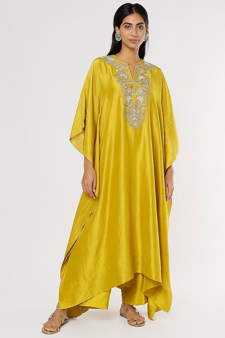 Mustard Embroidered Kaftan Set by Jayanti Reddy at Pernia's Pop Up Shop