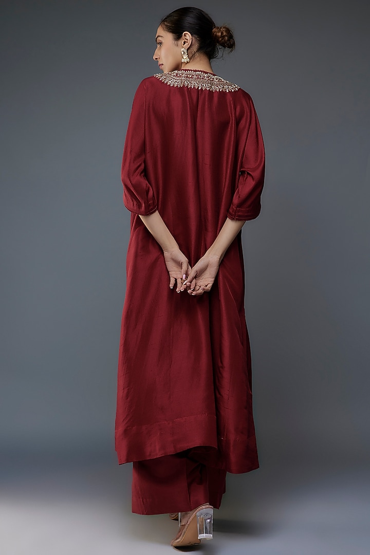 Red Silk Zari Embroidered Kaftan Set by Jayanti Reddy at Pernia's Pop Up Shop