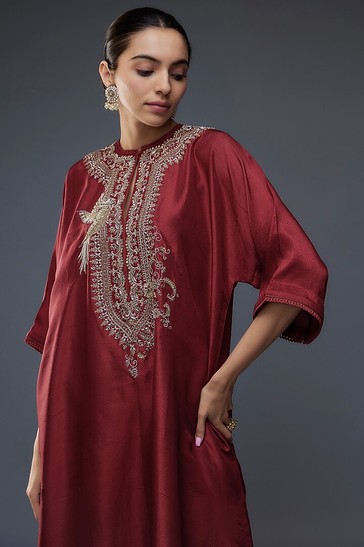 Red Silk Zari Embroidered Kaftan Set by Jayanti Reddy at Pernia's Pop Up Shop