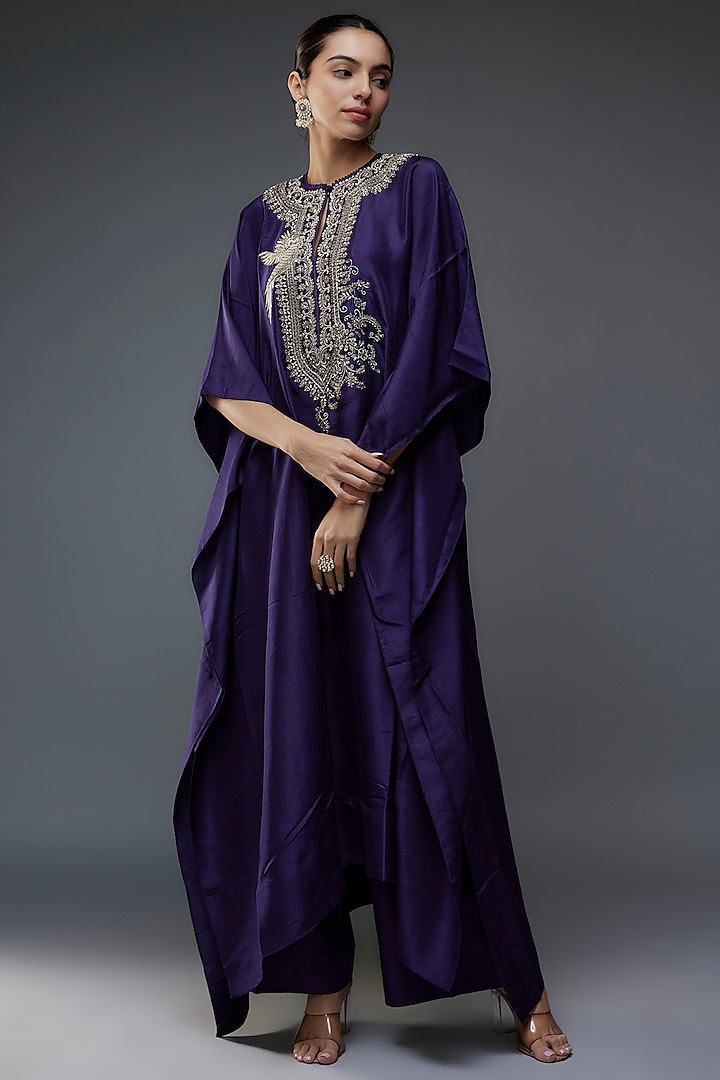 Purple Silk Zari Embroidered Kaftan Set by Jayanti Reddy at Pernia's Pop Up Shop