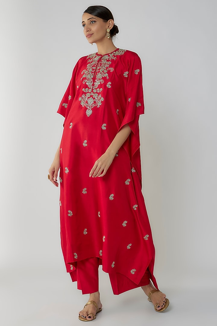 Red Silk Zari Embroidered Kaftan Set by Jayanti Reddy at Pernia's Pop Up Shop