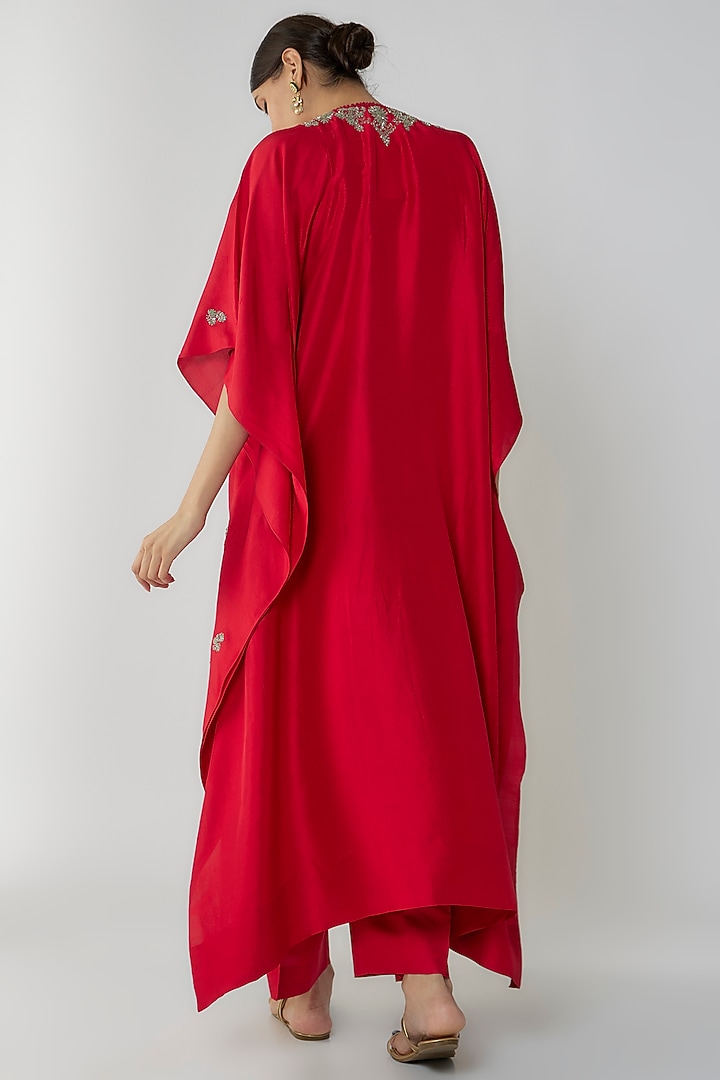 Red Silk Zari Embroidered Kaftan Set by Jayanti Reddy at Pernia's Pop Up Shop