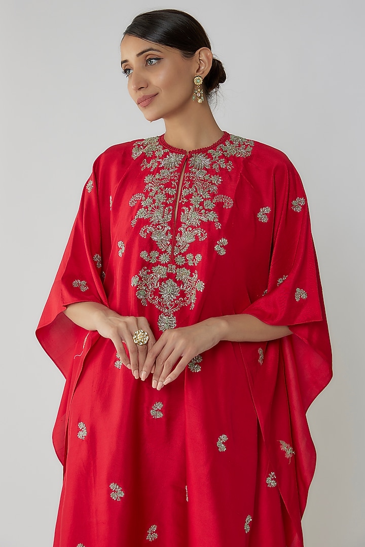 Red Silk Zari Embroidered Kaftan Set by Jayanti Reddy at Pernia's Pop Up Shop