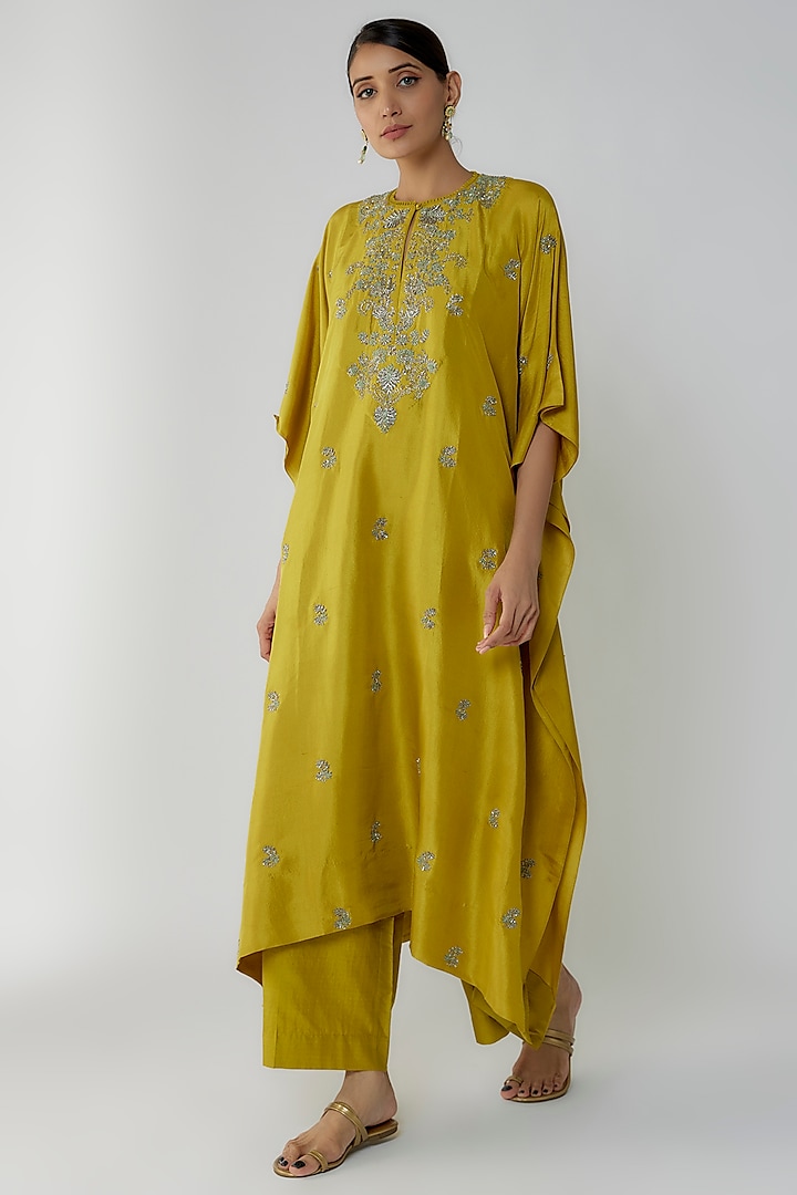 Mustard Silk Zari Embroidered Kaftan Set by Jayanti Reddy at Pernia's Pop Up Shop