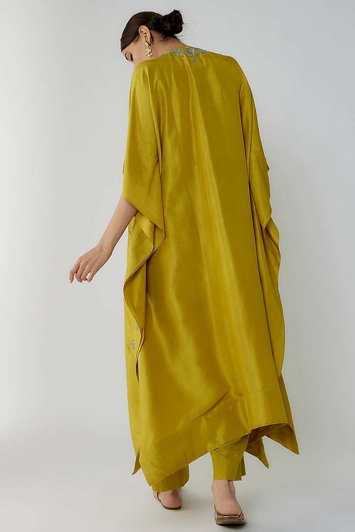 Mustard Silk Zari Embroidered Kaftan Set by Jayanti Reddy at Pernia's Pop Up Shop