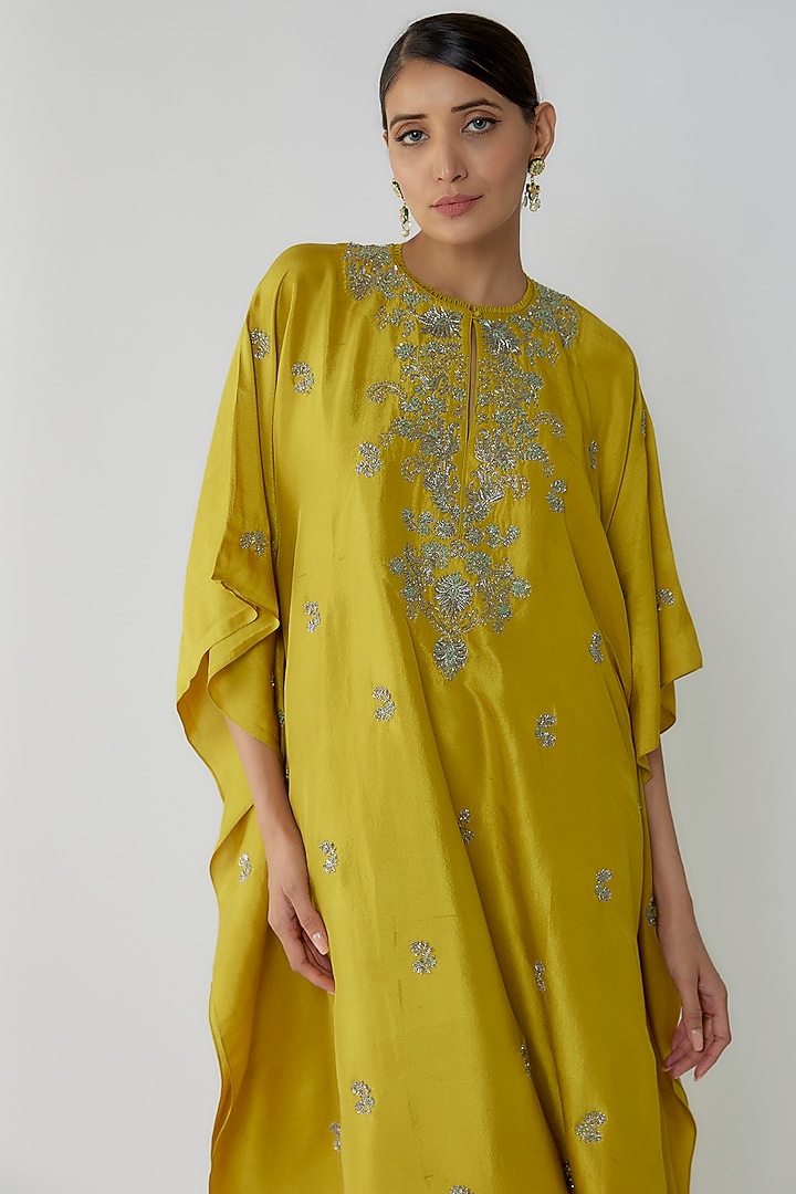 Mustard Silk Zari Embroidered Kaftan Set by Jayanti Reddy at Pernia's Pop Up Shop