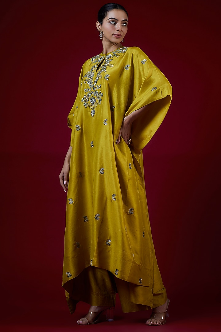 Mustard Silk Zari Embroidered Kaftan Set by Jayanti Reddy at Pernia's Pop Up Shop