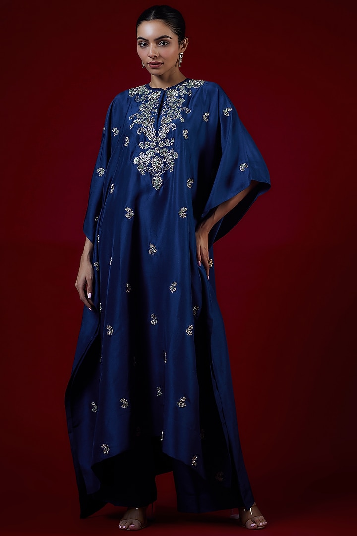 Navy Blue Silk Zari Embroidered Kaftan Set by Jayanti Reddy at Pernia's Pop Up Shop