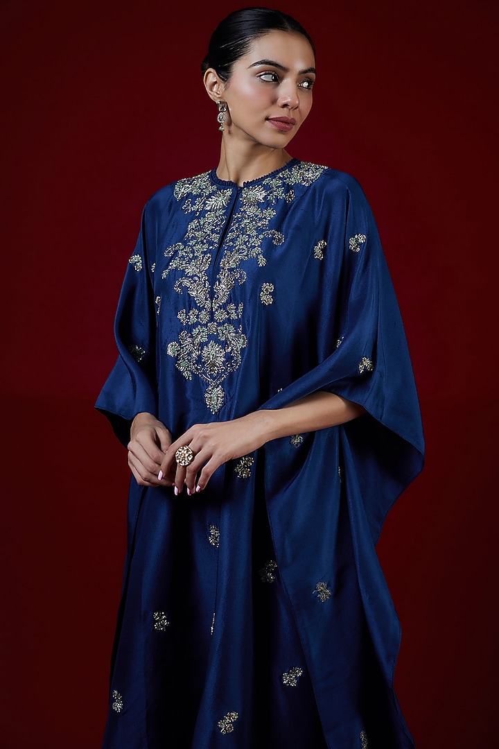 Navy Blue Silk Zari Embroidered Kaftan Set by Jayanti Reddy at Pernia's Pop Up Shop