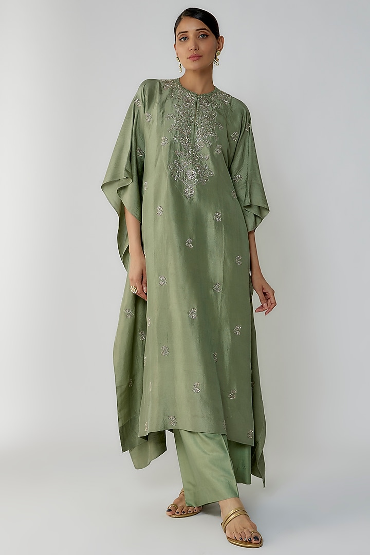 Green Silk Zari Embroidered Kaftan Set by Jayanti Reddy at Pernia's Pop Up Shop