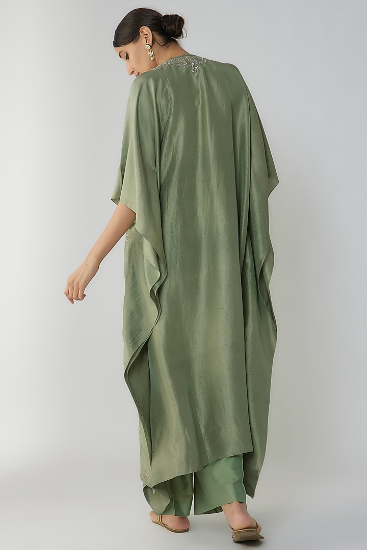 Green Silk Zari Embroidered Kaftan Set by Jayanti Reddy at Pernia's Pop Up Shop