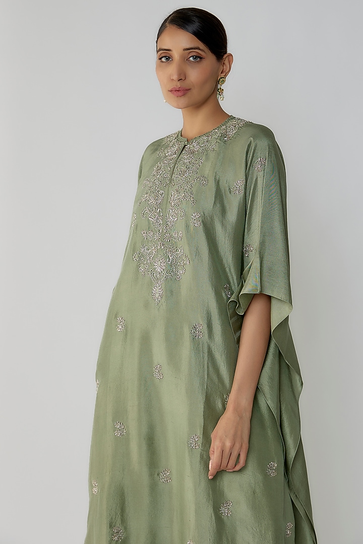 Green Silk Zari Embroidered Kaftan Set by Jayanti Reddy at Pernia's Pop Up Shop