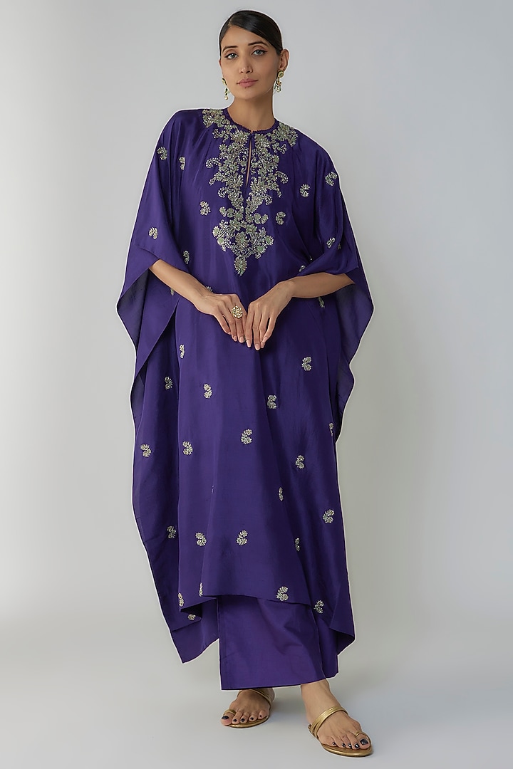 Purple Silk Zari Embroidered Kaftan Set by Jayanti Reddy at Pernia's Pop Up Shop