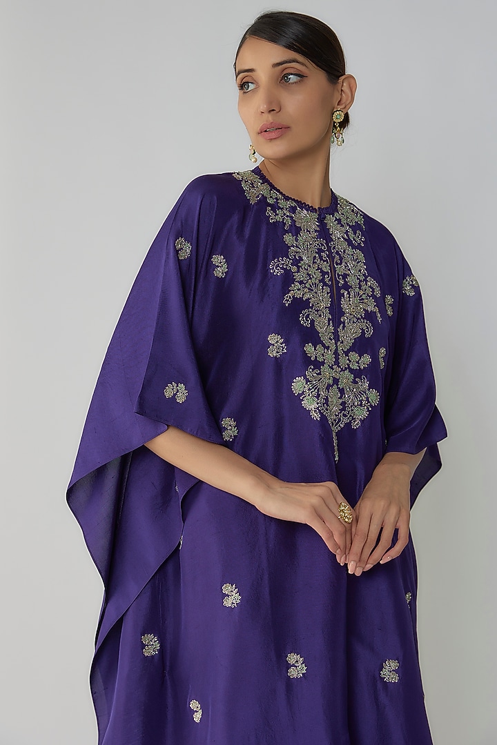 Purple Silk Zari Embroidered Kaftan Set by Jayanti Reddy at Pernia's Pop Up Shop