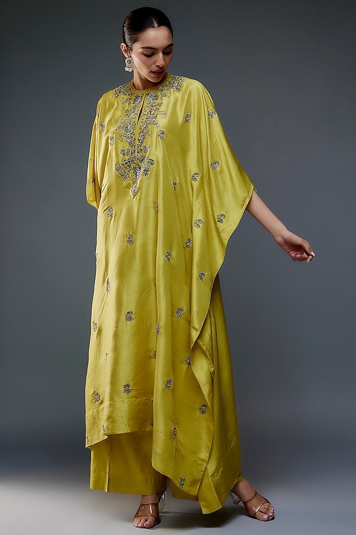 Lime Green Silk Zari Embroidered Kaftan Set by Jayanti Reddy at Pernia's Pop Up Shop