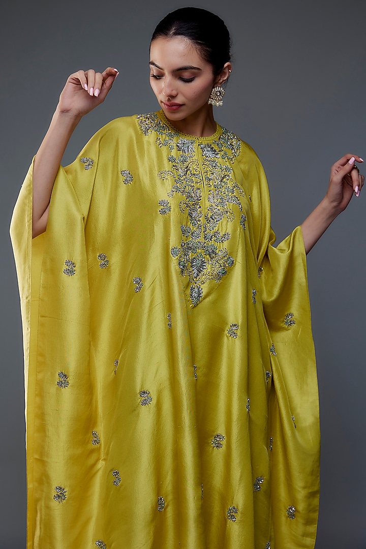 Lime Green Silk Zari Embroidered Kaftan Set by Jayanti Reddy at Pernia's Pop Up Shop