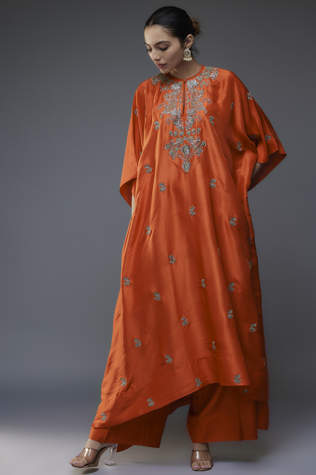 Rust Silk Zari Embroidered Kaftan Set by Jayanti Reddy at Pernia's Pop Up Shop