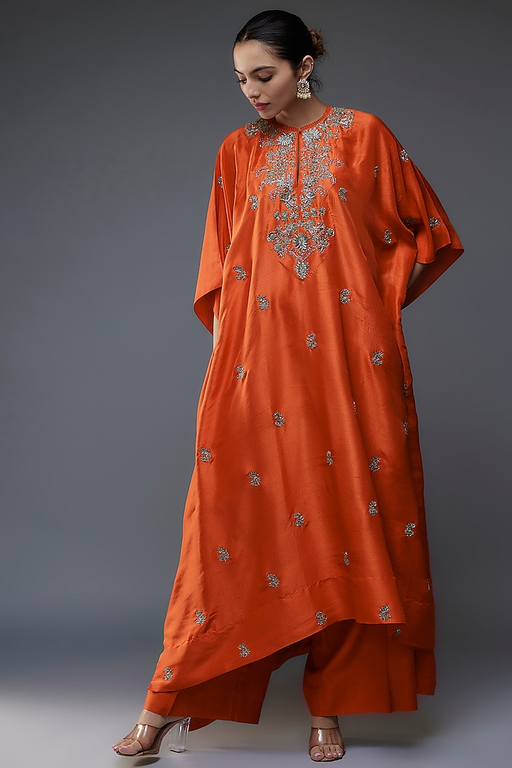 Rust Silk Zari Embroidered Kaftan Set by Jayanti Reddy at Pernia's Pop Up Shop