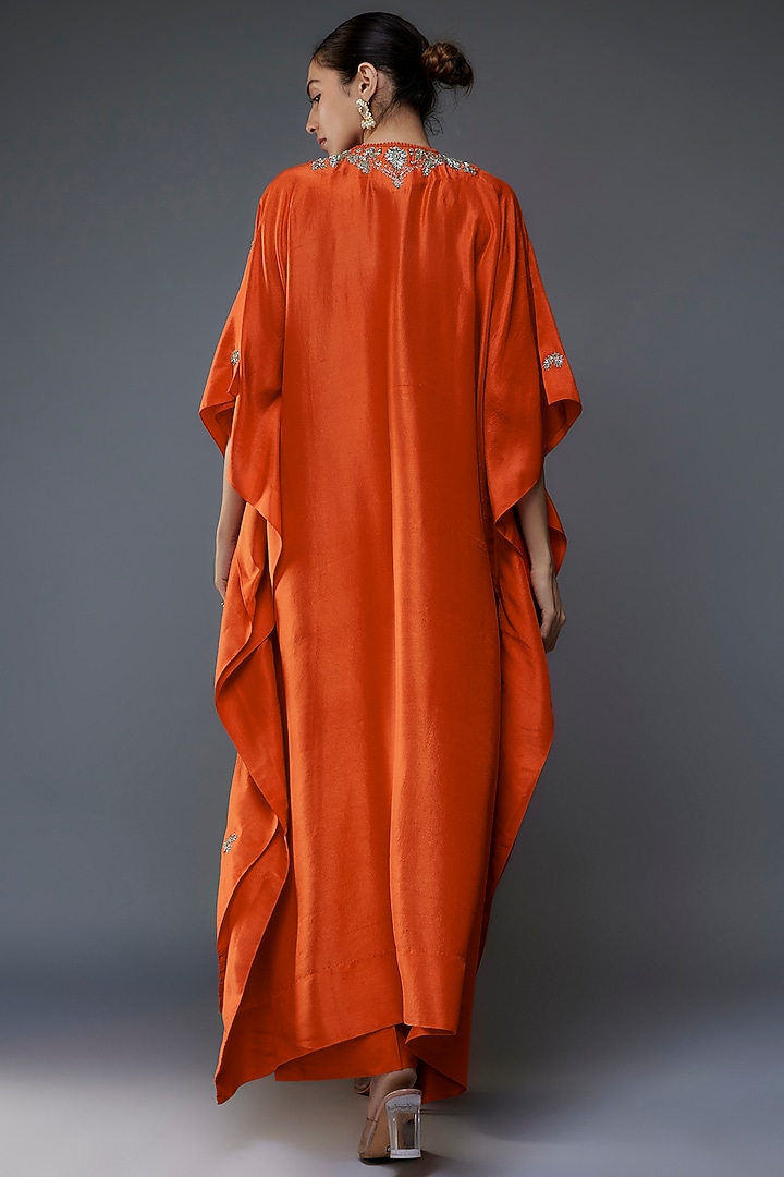Rust Silk Zari Embroidered Kaftan Set by Jayanti Reddy at Pernia's Pop Up Shop