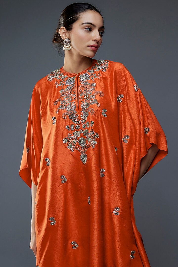 Rust Silk Zari Embroidered Kaftan Set by Jayanti Reddy at Pernia's Pop Up Shop