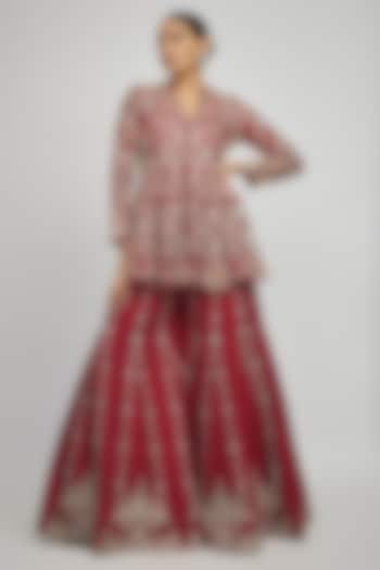 Red Silk Zari Embroidered Bridal Sharara Set by Jayanti Reddy at Pernia's Pop Up Shop