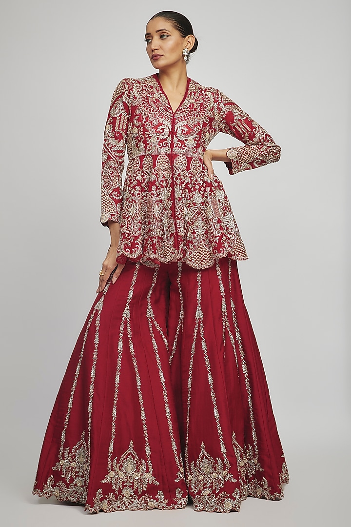 Red Silk Zari Embroidered Bridal Sharara Set by Jayanti Reddy at Pernia's Pop Up Shop