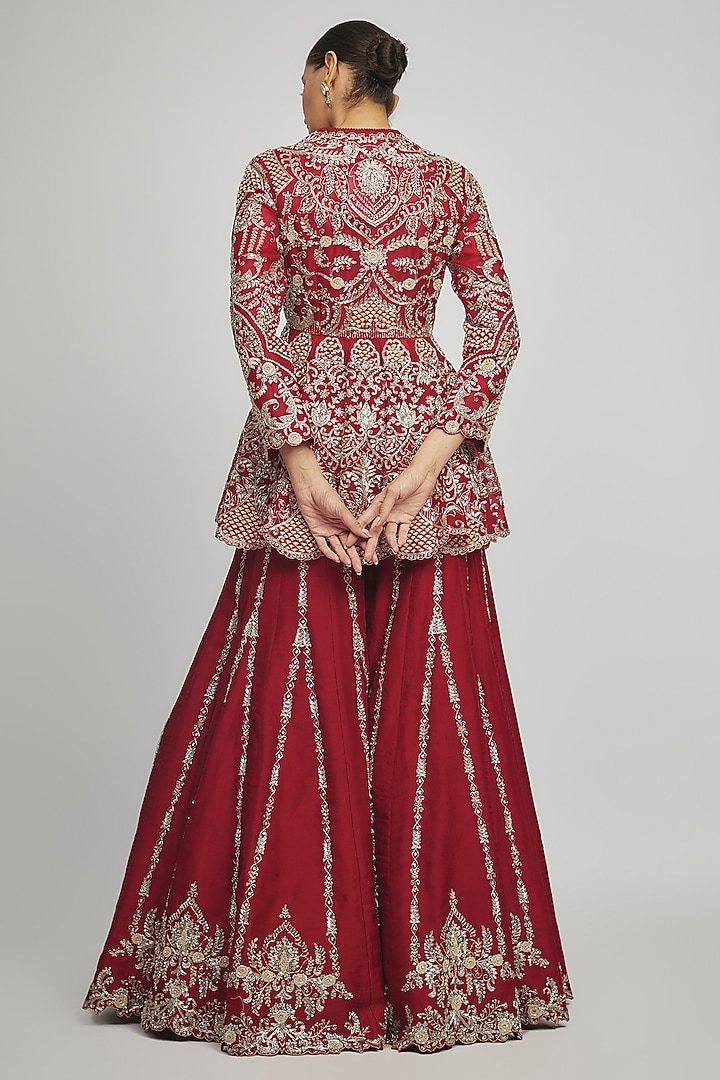 Red Silk Zari Embroidered Bridal Sharara Set by Jayanti Reddy at Pernia's Pop Up Shop