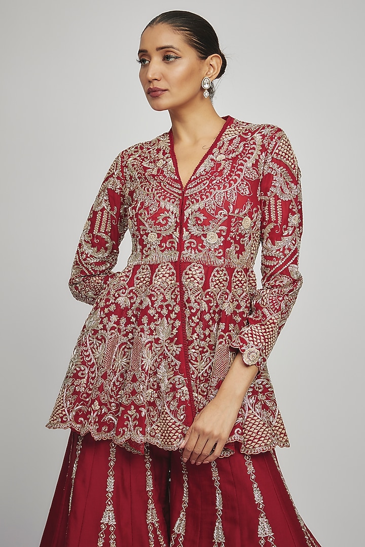 Red Silk Zari Embroidered Bridal Sharara Set by Jayanti Reddy at Pernia's Pop Up Shop