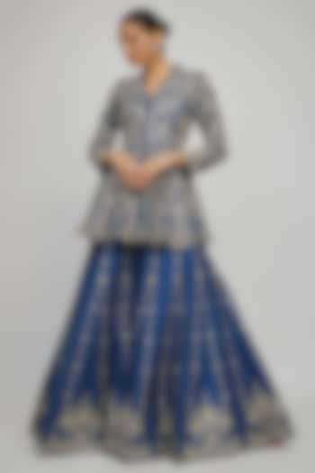 Navy Blue Silk Zari Embroidered Bridal Sharara Set by Jayanti Reddy at Pernia's Pop Up Shop