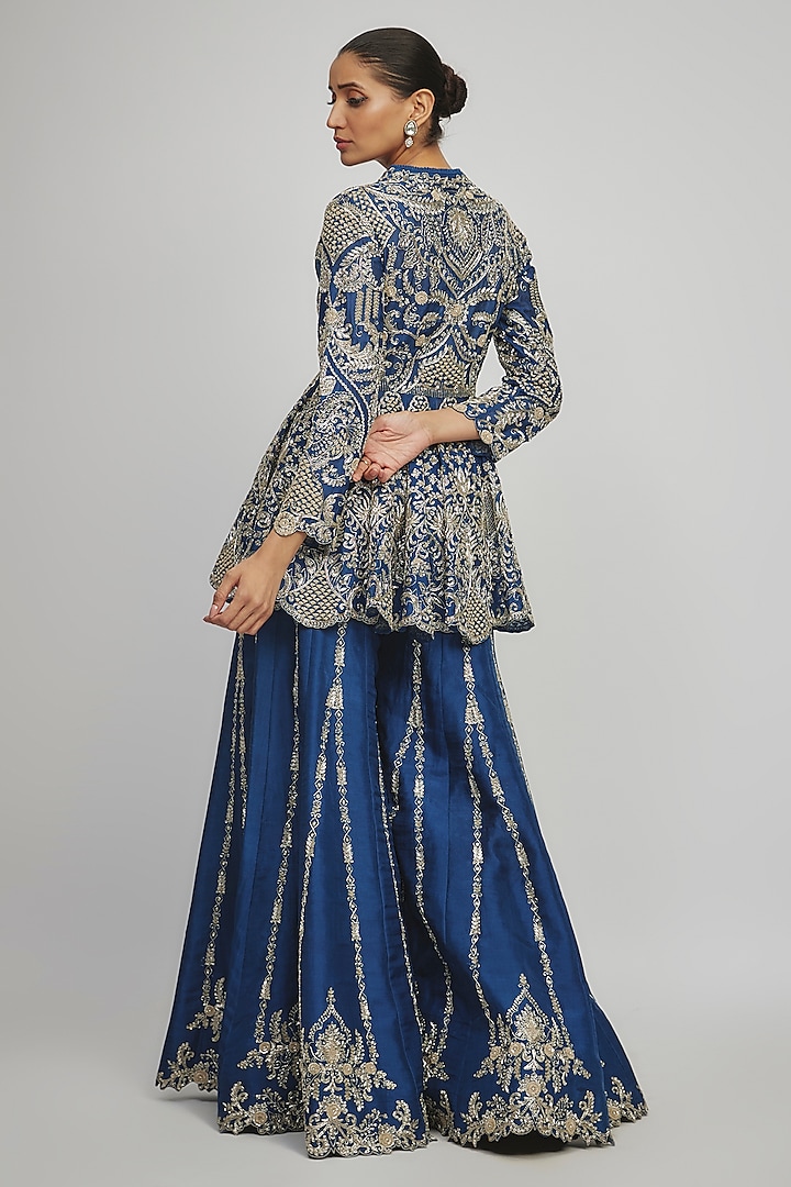 Navy Blue Silk Zari Embroidered Bridal Sharara Set by Jayanti Reddy at Pernia's Pop Up Shop
