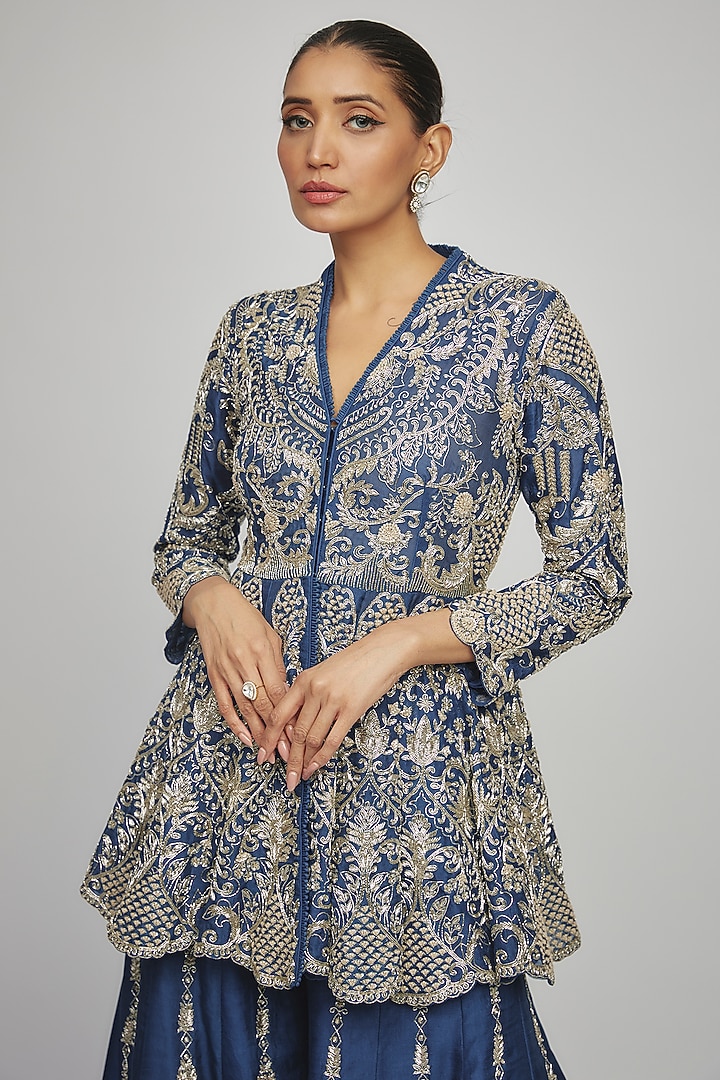 Navy Blue Silk Zari Embroidered Bridal Sharara Set by Jayanti Reddy at Pernia's Pop Up Shop