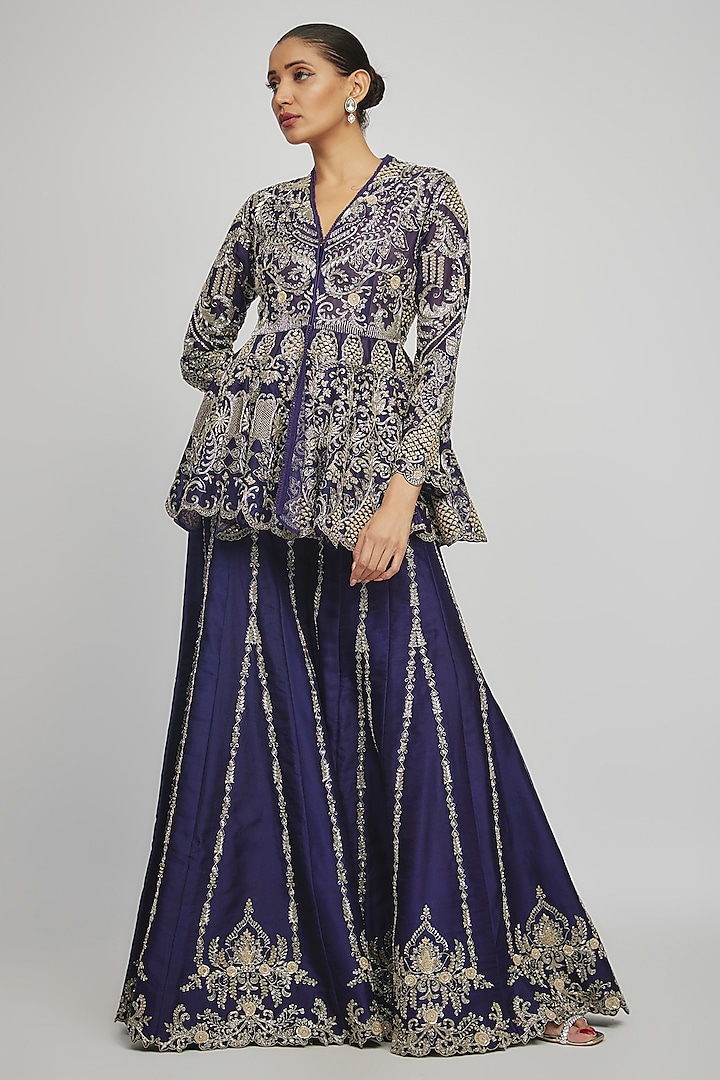 Purple Silk Zari Embroidered Bridal Sharara Set by Jayanti Reddy at Pernia's Pop Up Shop