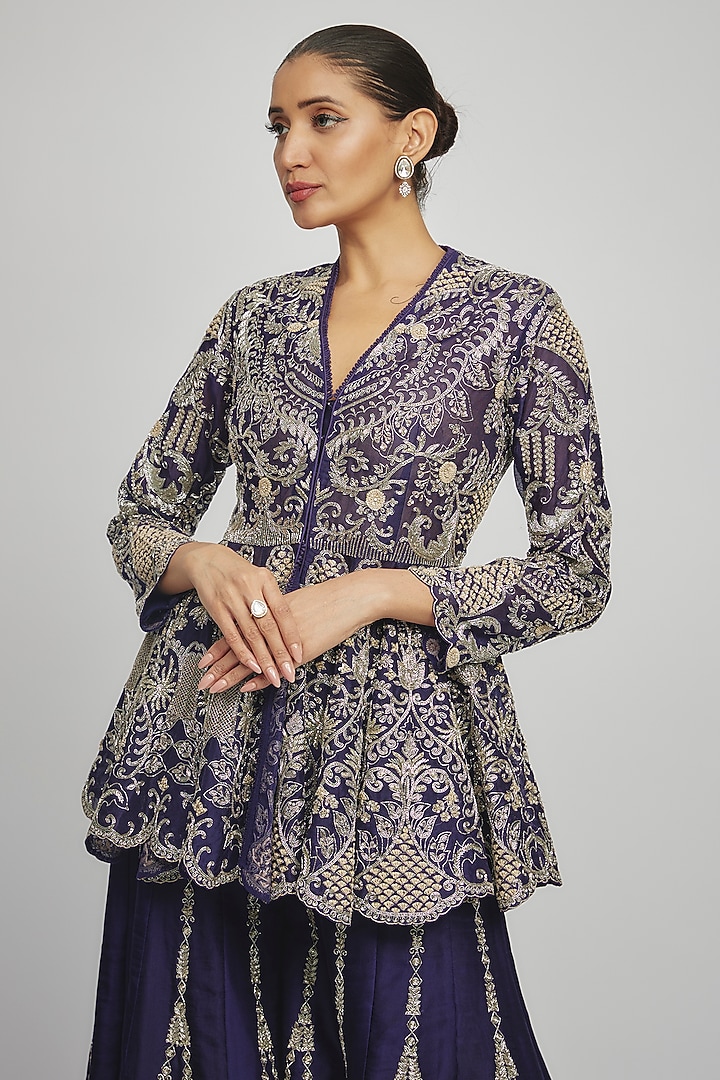 Purple Silk Zari Embroidered Bridal Sharara Set by Jayanti Reddy at Pernia's Pop Up Shop