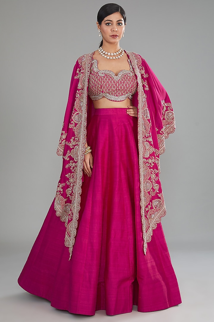 Pink Silk Zari Embroidered Jacket Lehenga Set by Jayanti Reddy