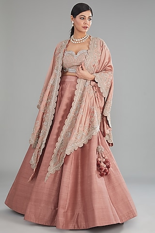 Peach Silk Zari Embroidered Jacket Lehenga Set by Jayanti Reddy