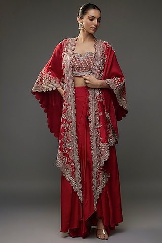 Red Silk Zari Embroidered Cape Set by Jayanti Reddy