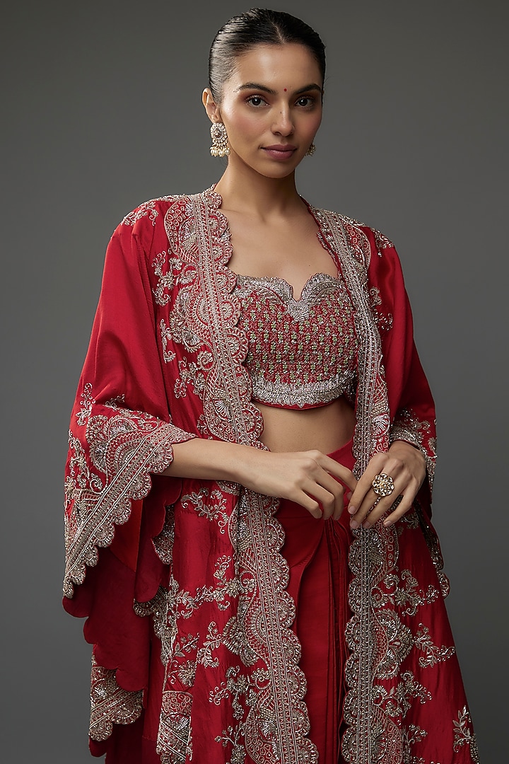 Red Silk Zari Embroidered Cape Set by Jayanti Reddy at Pernia's Pop Up Shop