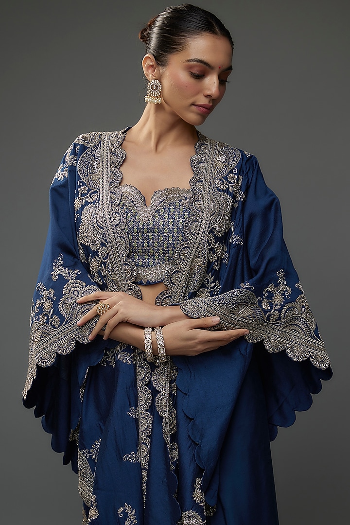 Blue Silk Zari Embroidered Cape Set by Jayanti Reddy at Pernia's Pop Up Shop