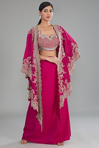 Pink Silk Zari Embroidered Cape Set by Jayanti Reddy