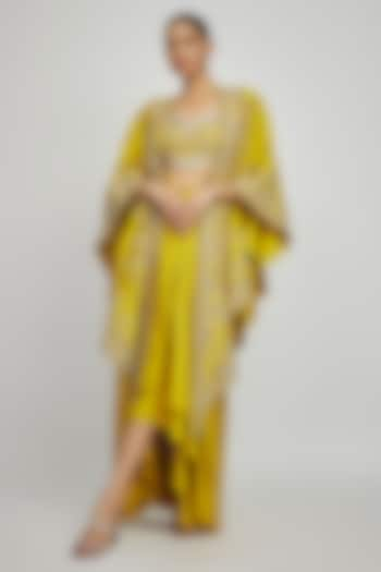 Mustard Silk Zari Embroidered Cape Set by Jayanti Reddy at Pernia's Pop Up Shop