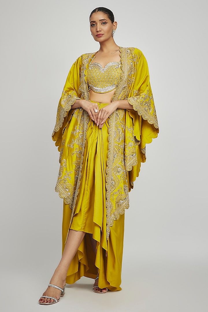 Mustard Silk Zari Embroidered Cape Set by Jayanti Reddy at Pernia's Pop Up Shop