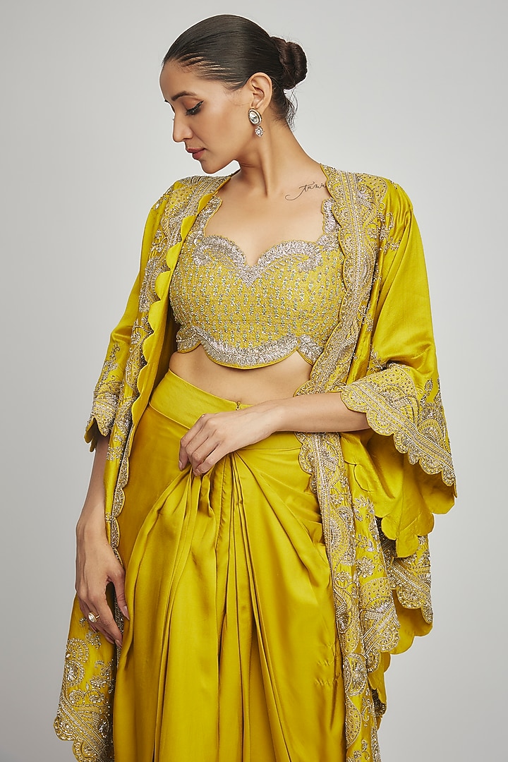Mustard Silk Zari Embroidered Cape Set by Jayanti Reddy at Pernia's Pop Up Shop