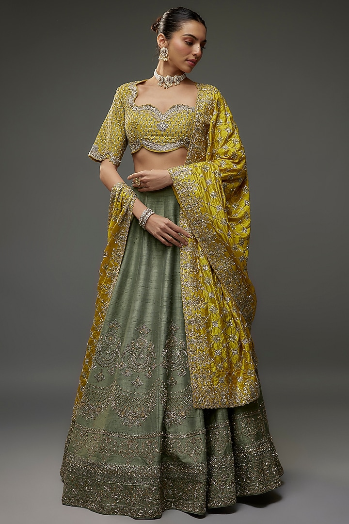 Mint Green Silk Zari Embroidered Bridal Lehenga Set by Jayanti Reddy at Pernia's Pop Up Shop