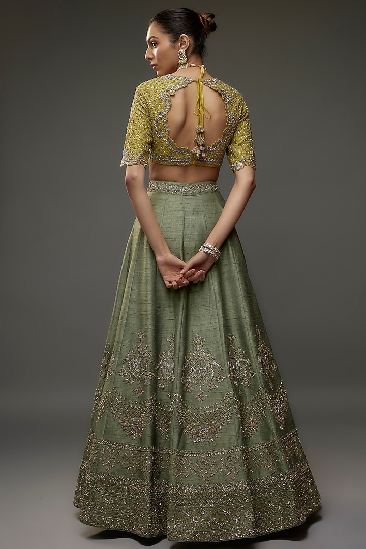 Mint Green Silk Zari Embroidered Bridal Lehenga Set by Jayanti Reddy at Pernia's Pop Up Shop