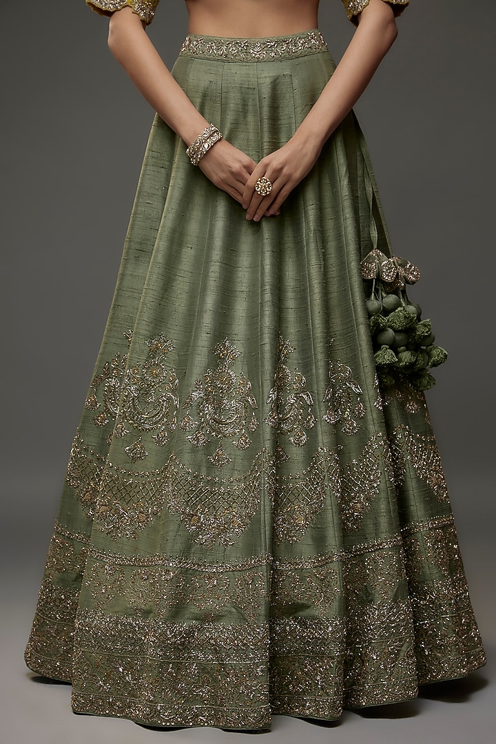 Mint Green Silk Zari Embroidered Bridal Lehenga Set by Jayanti Reddy at Pernia's Pop Up Shop