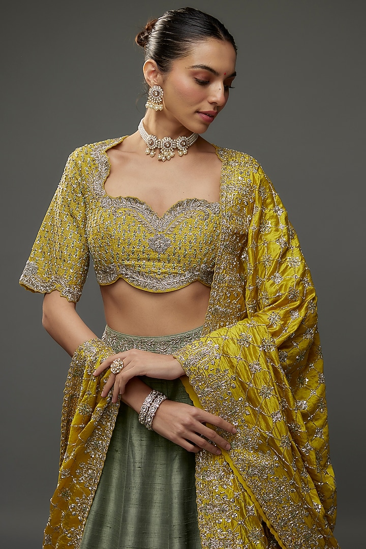 Mint Green Silk Zari Embroidered Bridal Lehenga Set by Jayanti Reddy at Pernia's Pop Up Shop